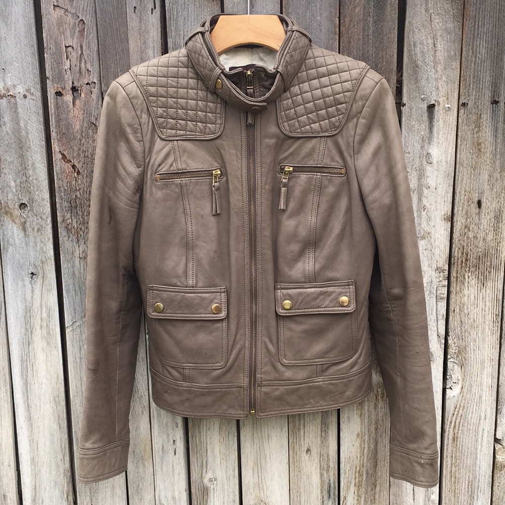 Zara Vintage Genuine Leather Moto Biker Jacket Taupe M